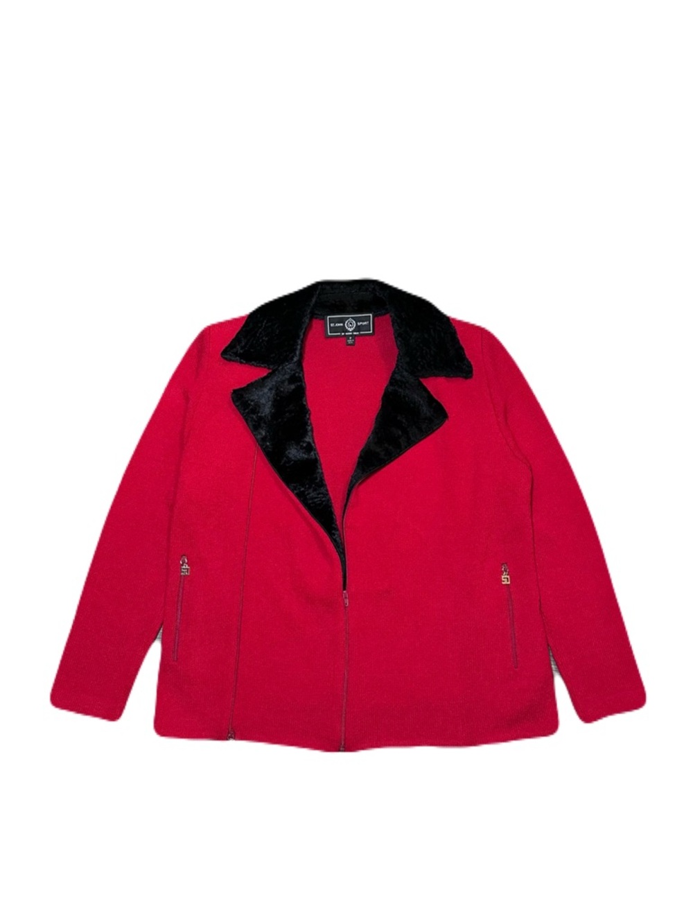 ST. JOHN SPORT Santana Knit Red Zip Up Jacket Size p faux fur collar blazer